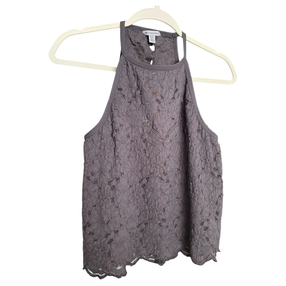 American Eagle Tank Top Gray Embellished Lace Cut Out Cropped